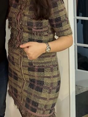 Olive Green Plaid Tweed set with Fringe